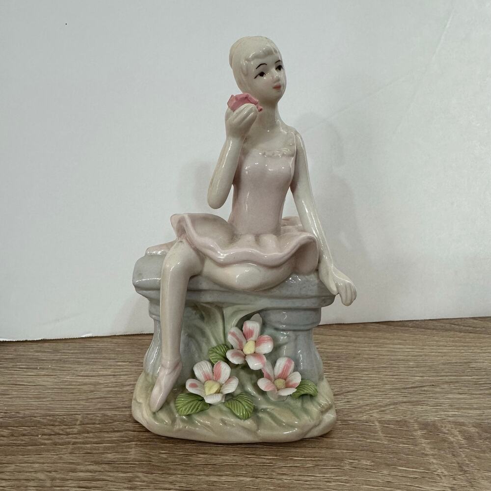 Vintage Ceramic Ballerina Figurine Bench Flowers Pink Dress Dancer Girly Decor